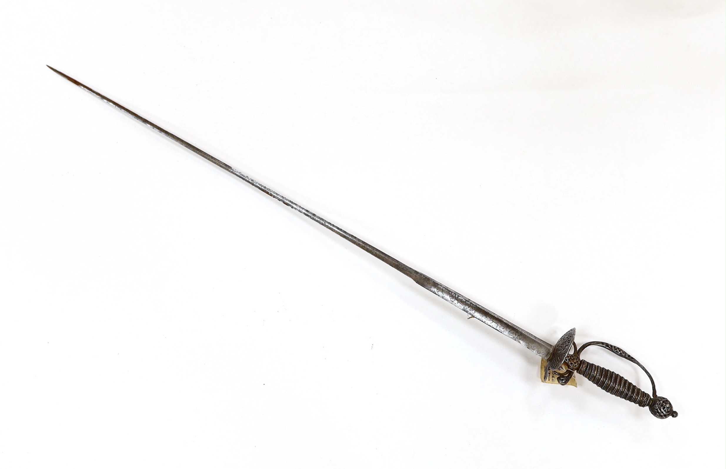A French silver hilted small sword, c.1770, the ricasso rings have two tiny marks struck on the end which possibly could be Paris discharge marks, the hilt pierced with basketweave decoration and flowers, silver wire and